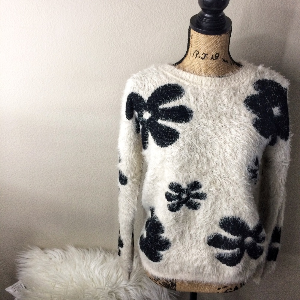 Cozy White Fuzzy Crewneck Sweater with Black Floral Motif